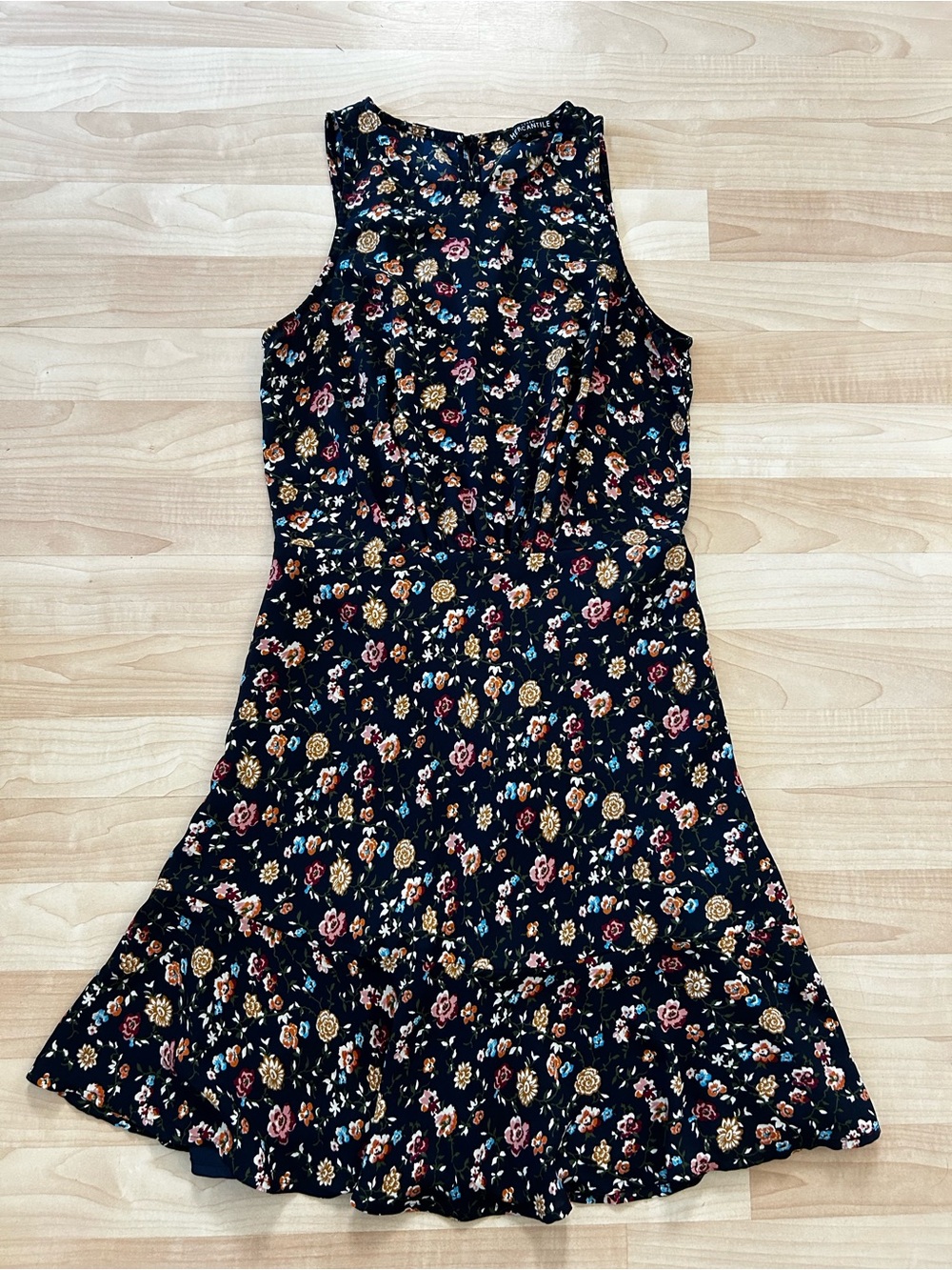 J. Crew Navy Sleeveless Floral A-Line Dress with Rose and Gold Motif